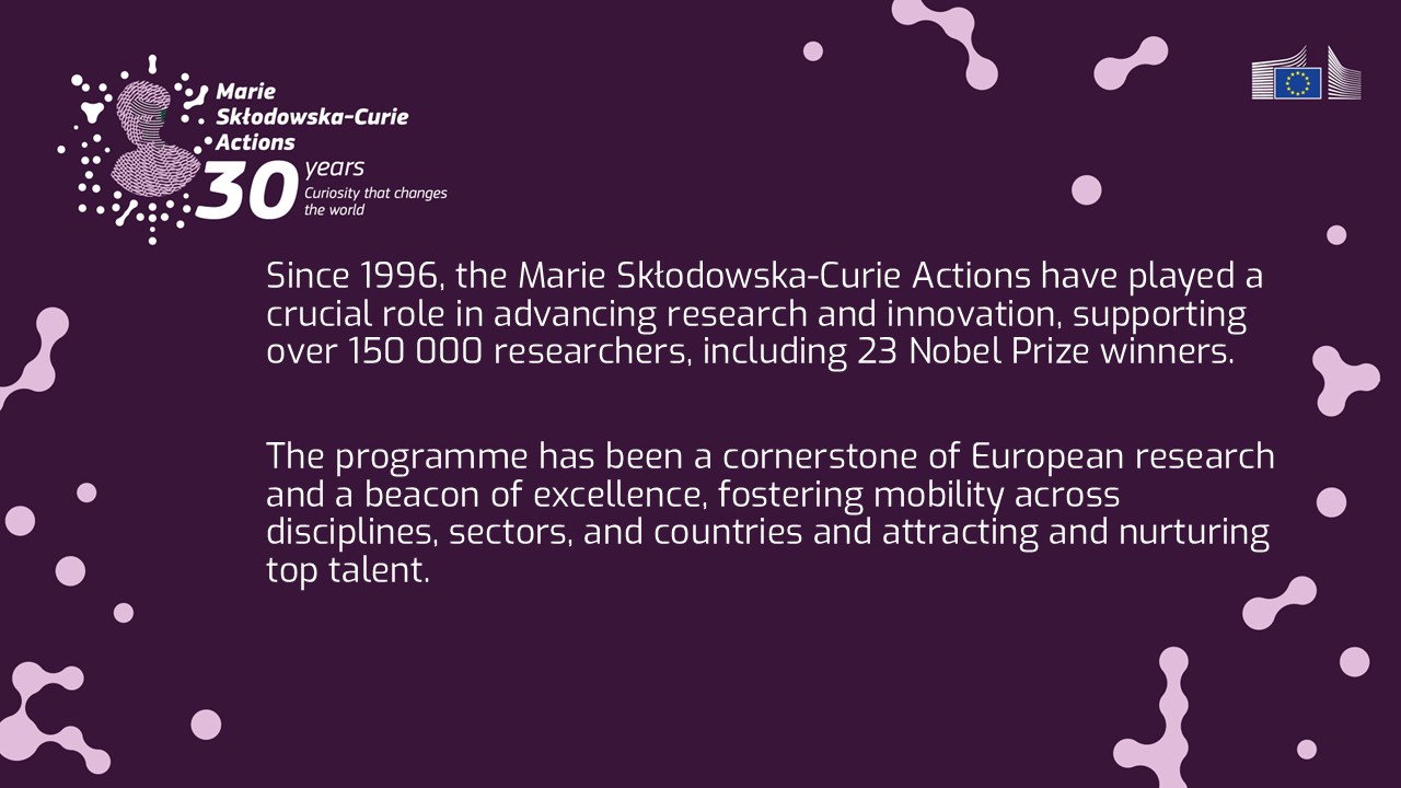 Since 1996, the Marie Skłodowska-Curie Actions have played a crucial role in advancing research and innovation, supporting over 150 000 researchers, including 23 Nobel Prize winners. The programme has been a cornerstone of European research and a beacon of excellence, fostering mobility across disciplines, sectors, and countries and attracting and nurturing top talent.
