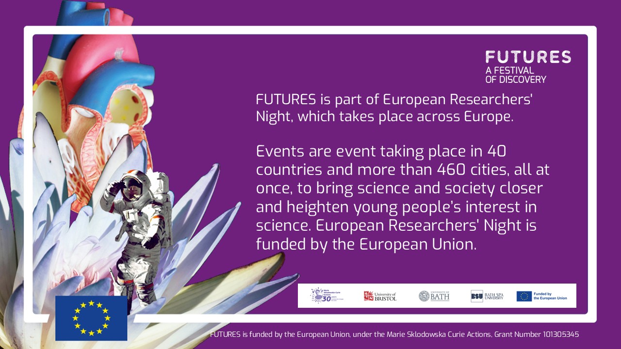 FUTURES is part of European Researchers' Night, which takes place across Europe​. ​ Events are event taking place in 40 countries and more than 460 cities, all at once, to bring science and society closer and heighten young people’s interest in science. European Researchers' Night is funded by the European Union.